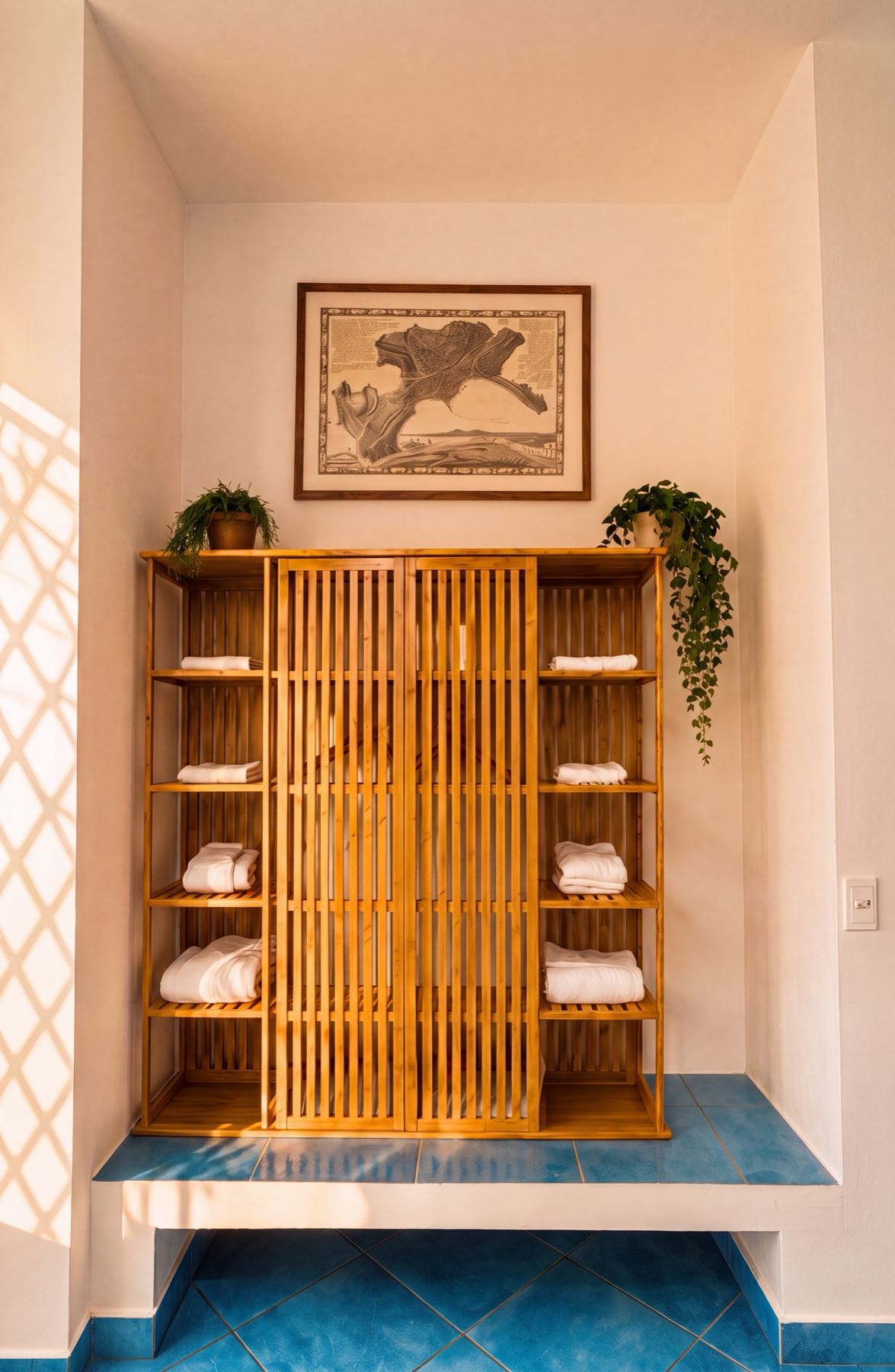 Libreria in legno e biancheria della Suite Chiaia